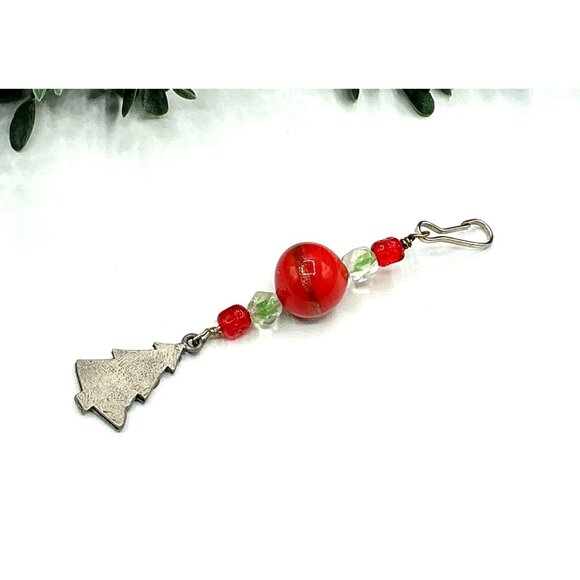 Christmas Tree Beaded Keychain Accessory With Red & Green Glass Beads - Picture 2 of 3